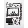 Detailed black and white drawing of various personal items like a watch, keys, wallet, and framed photograph of two people.