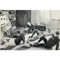 Black and white drawing of five students in dorm room that fell asleep while studying.